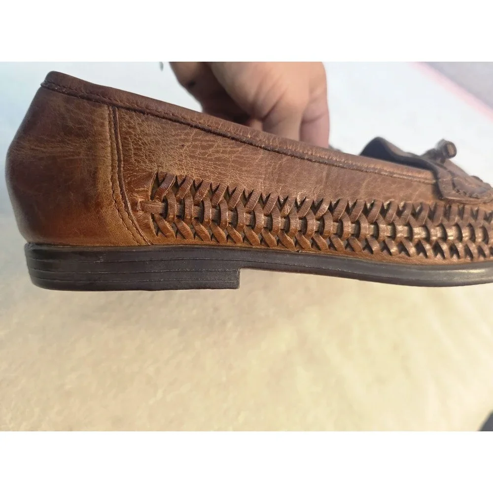 Vintage 80s 90s Stacy Adams Mens 10M Woven Leather Loafers Tan Brazil Deadstock